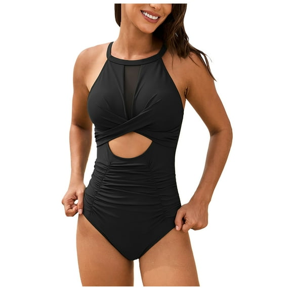 Gibobby Elegant Tie Front Black One Piece Swimsuit with Tummy Control for a Sophisticated Look(Black,L)