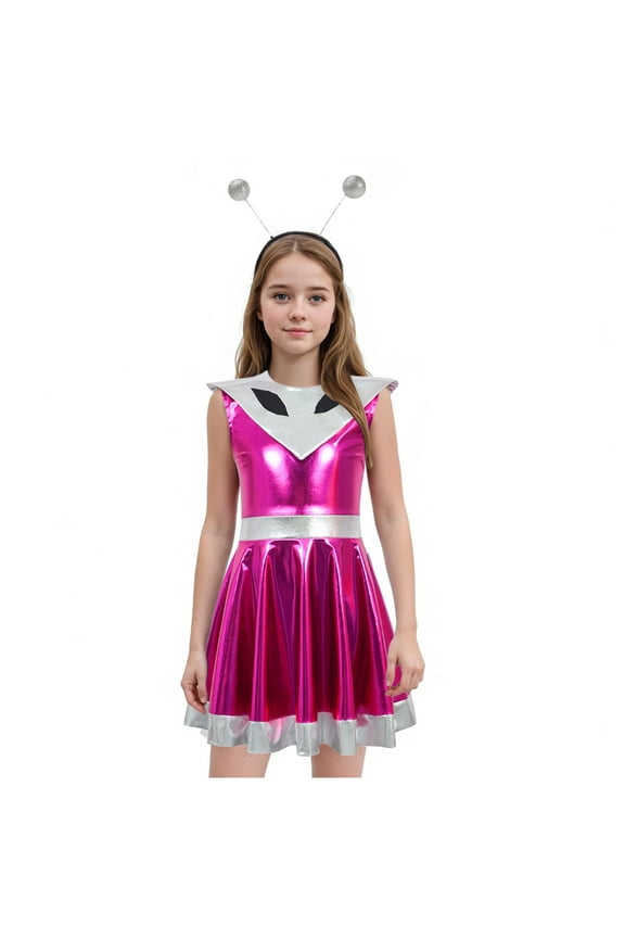 Girl Alien Costume Shiny Metallic Dress Outfit Outer Space Man Costume Halloween Cosplay Dress Up Outfit(Purple,5-6 Years)