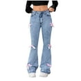 thumbnail image 1 of Gibobby Girl's Bow Print Back Zipper Fly Elastic High Waist Denim Pants Basic Wide Leg Jeans Plus Size Teenage Girls Ripped Jeans(Blue,9-10 Years), 1 of 8