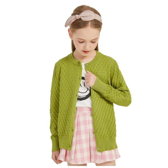 Gibobby Girls' Cardigan with Button Loose Long Sleeve Shrug Cardigan Sweaters Cropped Uniforms Kids Knit Cardigan Sweater Outerwear,Green,11-12 Years