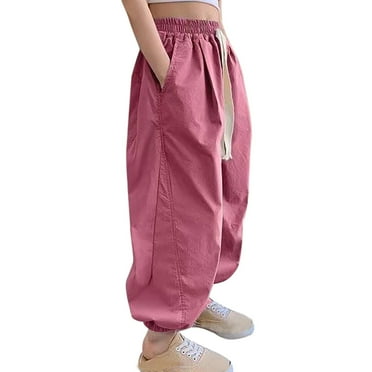 Gibobby Girls Cargo Pants High Waist Parachute Pants Wide Leg Kids Joggers with Pockets Hot Pink,7-8 Years