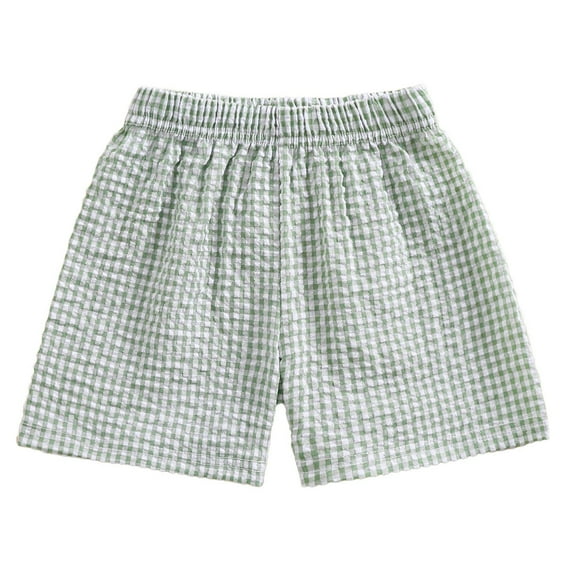 Gibobby Girls Cotton Shorts, Kids Plaid Print Elastic Waist Casual Short Summer Beach Pants with Pockets(Light Green,12-18 Months)