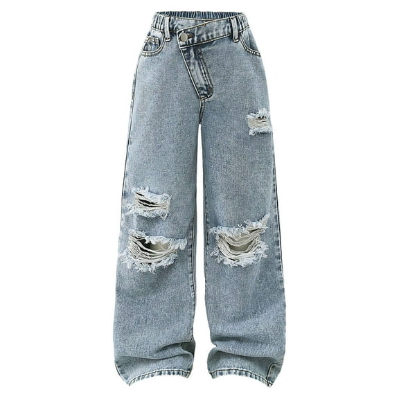 Gibobby Girls Jeans Streetwear Denim Cargo Pants High Waist Floor Length Baggy Wide Leg Jeans Plus Size Teenage Girls Ripped Jeans(Blue,7-8 Years)