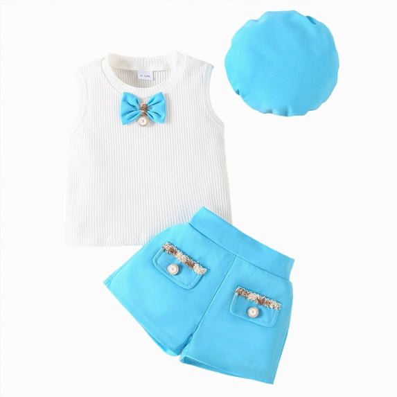 Gibobby Girls Outfit Sets Kids Toddler Baby Spring Summer Print Sleeveless Tops Shorts Outfits Clothes Girls Playtime Sets Size(3-4 Years,Blue)