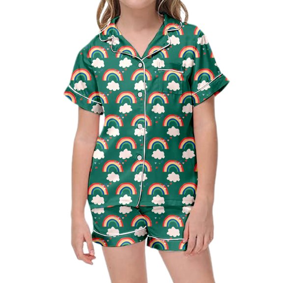 Gibobby Girls' Pajama Set - 84 Piece Soft Satin Button UP Sleep Shirt and Pajama Shorts(8-9 Years,Green)