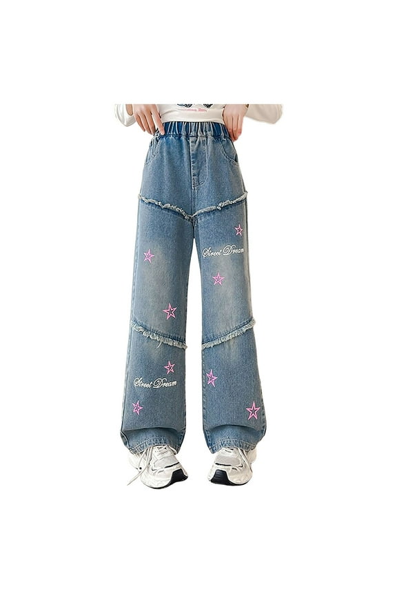 Girls Slim Jeans,Little Big Girls Ribbed Pull On Cargo Stretch Denim Pants,Blue,6-7 Years