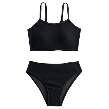 Gibobby Girls Swimsuit 2 Piece Bikini Set Tiered Ruffled Bathing Suit Adjustable Straps Girls' Swimwear(Black,11-12 Years)