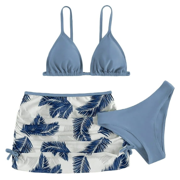 Gibobby Girls Swimsuit 3 Piece Bathing Suits for Girls Criss Cross Color Block Bikini Set with Beach Cover Up Girls' Swimwear(Light Blue,7-8 Years)