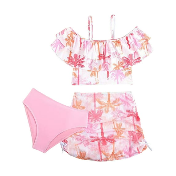 Gibobby Girls Swimsuits Kids 3 Piece Bathing Suit Teen Girls Bikini Swimwear with Drawstring Cover Up Skirt Beach Swimwear(Pink,8-9 Years)