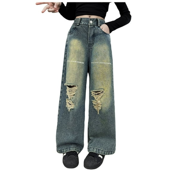 Gibobby Girls Y2k Pants Summer Elastic High Waist Trendy Plaid Wide Leg Loose Fit Trousers with Bow Tie Side,Blue,130