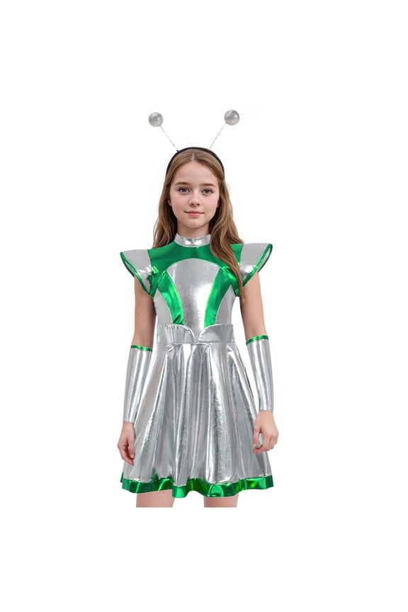 Kids Girls Space Alien Outfits Halloween Shiny Metallic Dress with Arm Sleeve Hair Hoop Set(Green,6-7 Years)