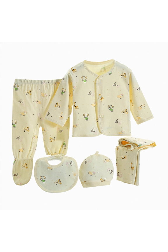 Infant Romper+Burp Cloth+Bib+Mittens+Shoes+Cap Set Breathable Healthy Fabric Tops for Baby(Yellow,0-3 Months)