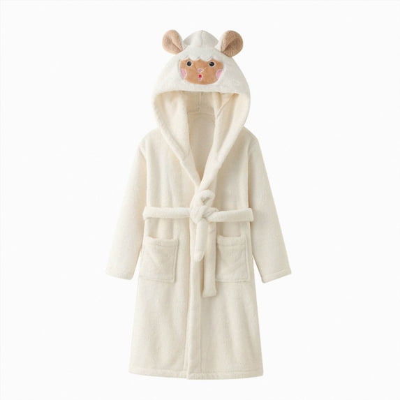 Gibobby Kids Coral Fleece Bathrobe,Soft Plush Hooded Robe with Adjustable Belt,Cartoon Print,for Boys Girls 12 Months -12 Years,Warm Loungewear Shower Robe Kids Toddler Pajamas,White,Size 2-4T