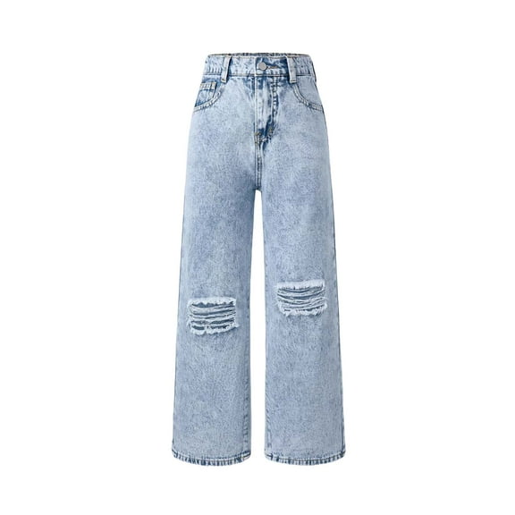 Gibobby Kids Girls Baggy Jeans Heart Print Casual Wide Leg Loose fit Denim Pants Plus Size Teenage Girls Ripped Jeans(Light Blue,9-10 Years)