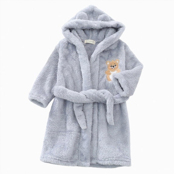Gibobby Kids Thick Coral Fleece Bathrobe,Warm Cozy Hooded Robe with Adjustable Belt,Cute Print,for Boys Girls 2-12T for Autumn Winter Cold Weather Kids Toddler Pajamas,Grey,Size 2-3T