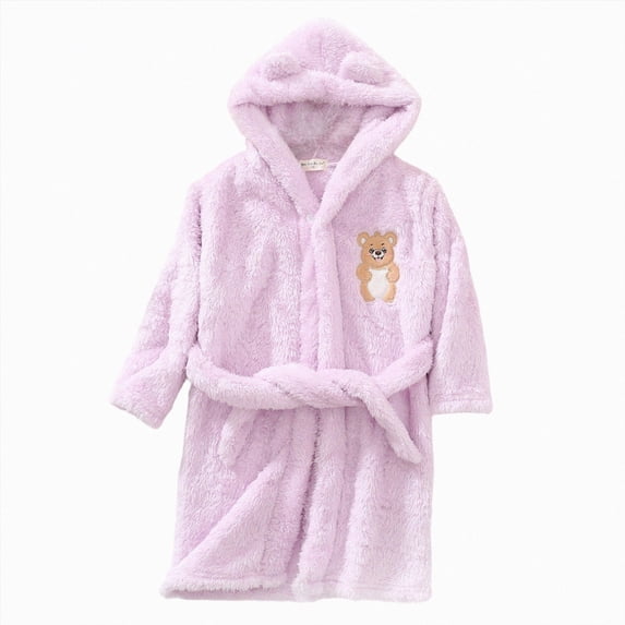 Gibobby Kids Thick Coral Fleece Bathrobe,Warm Cozy Hooded Robe with Adjustable Belt,Cute Print,for Boys Girls 2-12T for Autumn Winter Cold Weather Kids Toddler Pajamas,Purple,Size 7-9T
