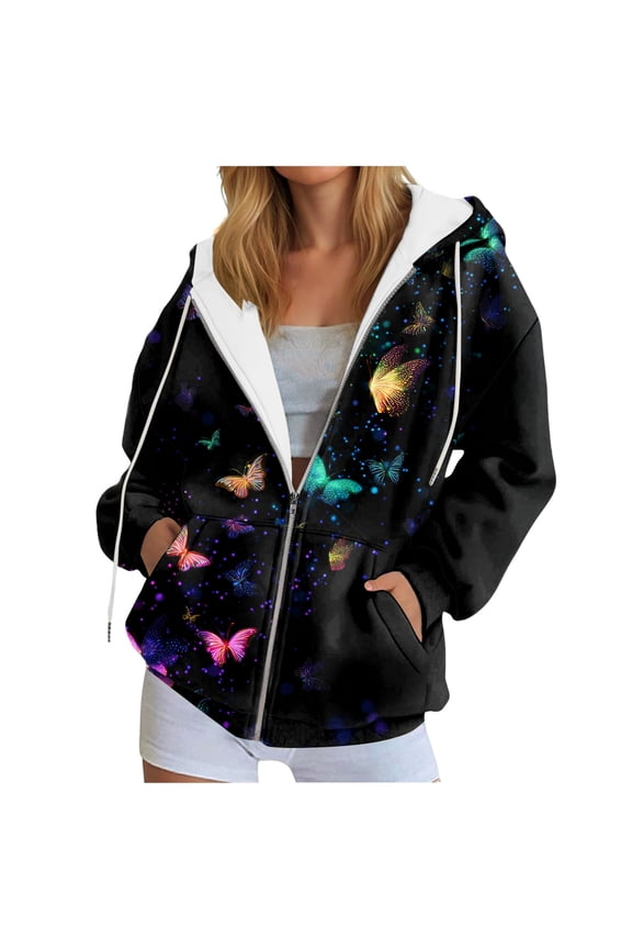 Lightweight Zip Up Hoodies for Women Fashion Women's Zipper V-Neck Pullover Tops Long Sleeve Fall Winter Coat(XL,Black)