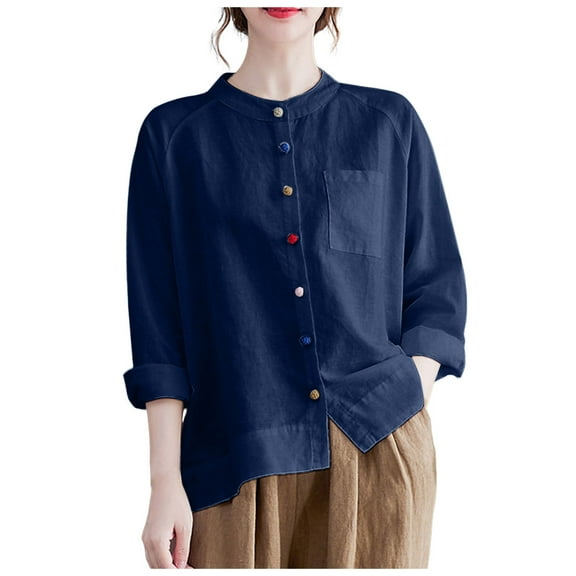 Gibobby Linen Shirts for Women Summer Long Sleeve Lapel Button Up Shirt Lightweight Gauze Tops Loose Casual Blouses Clothes(Navy,XXL)