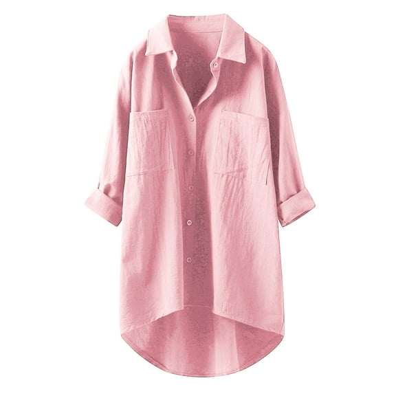 Gibobby Linen Shirts for Women Summer Long Sleeve Lapel Button Up Shirt Lightweight Gauze Tops Loose Casual Blouses Clothes(Pink,3XL)