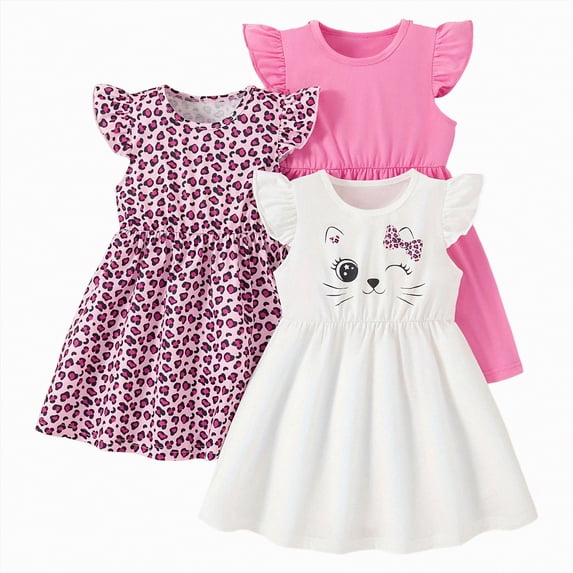 Gibobby Little Girl Summer Dresses 3 Pack Ruffled Floral Flutter Sleeveless Summer Outfits For 3t 4t 5t 6t 7t 8t Girl Dailywear(4-5 Years,Beige)