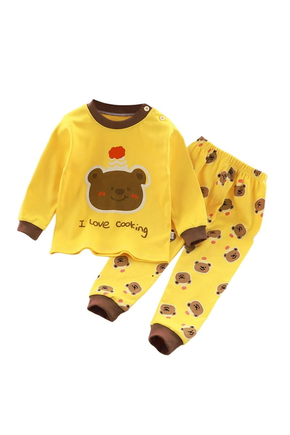 Little Girls CottonHeart-Print 2-Piece Pajamas Long-Sleeve Snug-Fit Winter Warm Jammies, Cute Cartoon Bunny Holiday Sleepwear,Yellow,12-18 Months