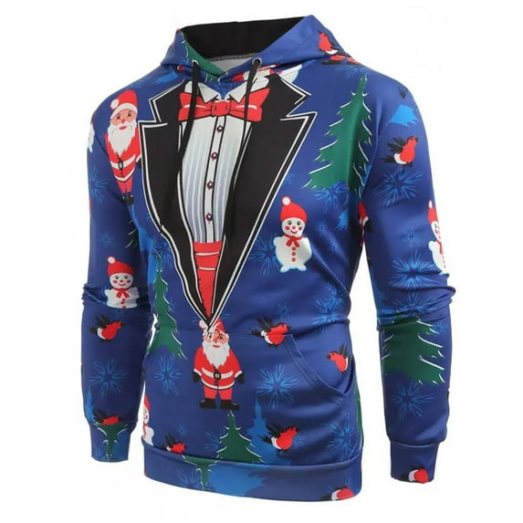 Gibobby Men's Christmas Leisure Style Hoodie Print Pullover Long Sleeve Sweatshirt Loose Stylish Handsome Pullover(Blue,L)