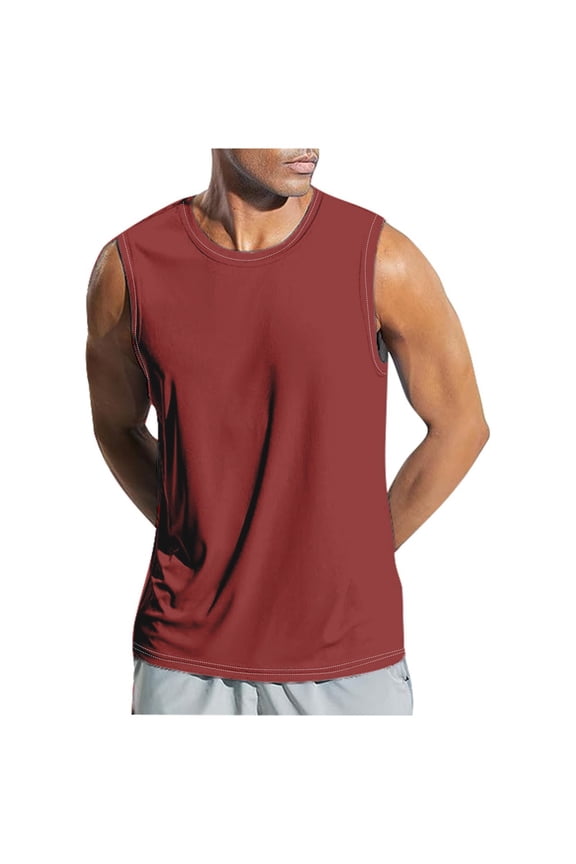 Mens Sleeveless Tank Tops Workout Cut Off Shirts Muscle Gym Pullover Sports Fitness Solid Color Round Neck Casual T Shirts(XXXXL,Red)