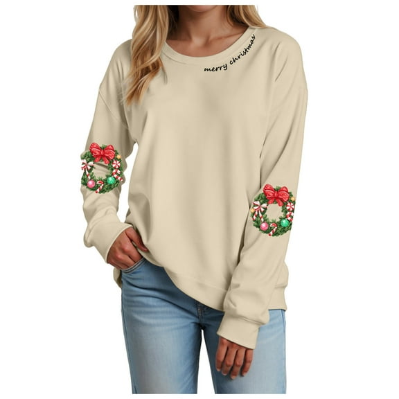 Gibobby Merry Christmas Tree Striped Hoodie Women Christmas Tree Graphic Printed Sweatshirt Xmas Pullover Shirts(S,Beige)