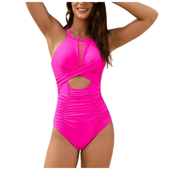 Gibobby Modest One Shoulder One Piece Swimsuit with Tummy Control and Keyhole Detail(Pink,XXL)