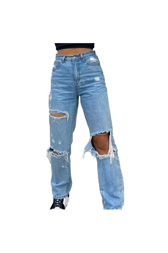 Mom Jeans High Waisted Women's Ripped Boyfriend Slim Fit Jeans Frayed Distressed Stretchy Denim Pants Fashion