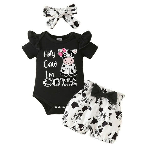 Gibobby Newborn Baby Girl Clothes Romper Shorts Set Short Sleeve Pure Color Rompers Top Elastic Floral Panel Shorts Headband(Black,6-9 Months)