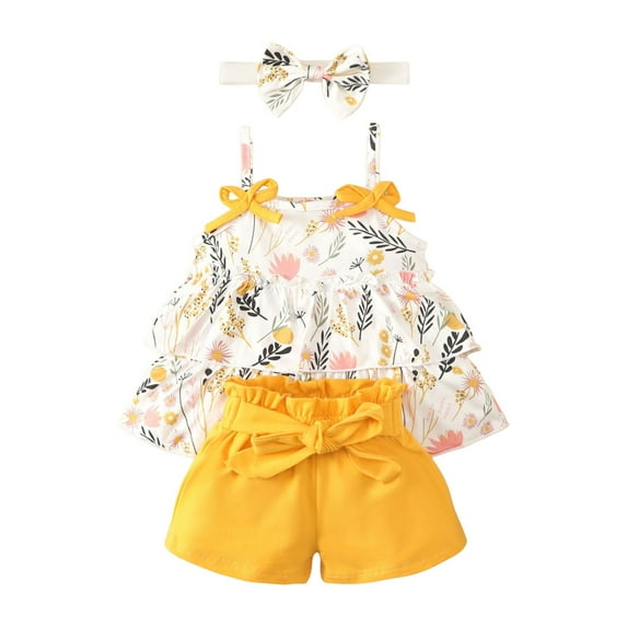Gibobby Newborn Baby Girl Clothes Summer Knit Ribbed Floral Print Short Sleeve Romper Shorts Headband Outfit Set(Yellow,3-6 Months)