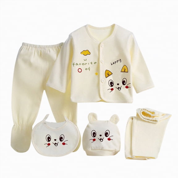 Gibobby Preemie Baby Boy Girl Baby Boy s 5-Piece Cotton Bodysuits Pants Set Unisex Gift Sets Fits to 0-3 Month Gifts Set Take Me Home Set Layette Set(One Size,Yellow)