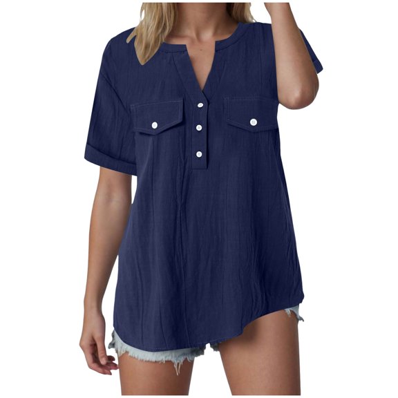 Gibobby Short Sleeve Shirts for Women - Button Up Business Casual Tops Summer Cotton Linen Blouses Breathable V Neck T Shirt(Navy,M)