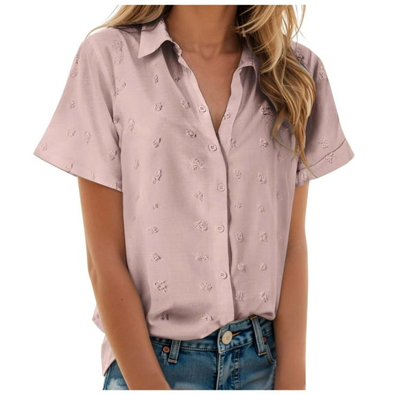 Gibobby Short Sleeve Summer Tops for Women Casual Button Up Shirts Solid/Striped Business Work Blouses(Hot Pink,L)