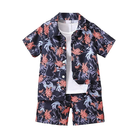 Gibobby Toddler Baby Boys Summer Print Shirt Outfits Clothes Short Sleeve Button Up Tops + Shorts Set(Dark Blue,5-6 Years)
