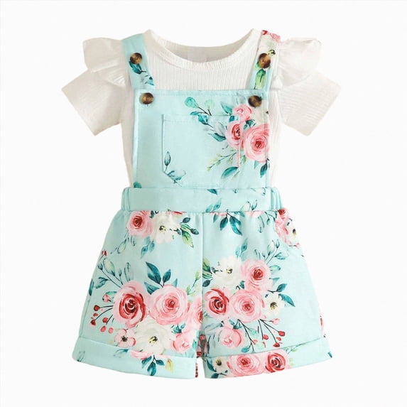 Gibobby Toddler Baby Girl 2 Piece Summer Outfit Ruffle Flutter Sleeve Ribbed Tee Floral Print Bib Shorts Overalls Casual Playwear Set Infant Girls Summer Outfits(Light Green,6-9 Months)