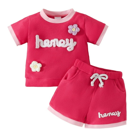 Gibobby Toddler Baby Girl Clothes Summer Ribbed Knit Ruffle Short Sleeve Striped Print T-Shirt Tops Shorts Set Outfit(Hot Pink,9-12 Months)