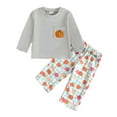 thumbnail image 1 of Gibobby Toddler Baby Girl Halloween Outfit Long Sleeve Letter Sweatshirt Top Pumpkin Bell Bottom Pants 2Pcs Set(Light Gray,6-12 Months), 1 of 6