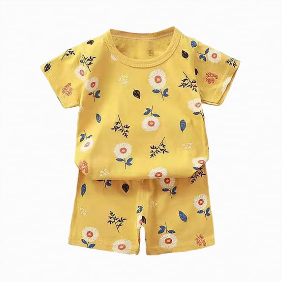 Gibobby Toddler Boy Outfits Clothes Children's Summer Tropical Printed Short Sleeve Training 1t 2t 3t 4t 5t 6t New Born for Twins Kids Casual 2-Piece Set(12-18 Months,Light Yellow)