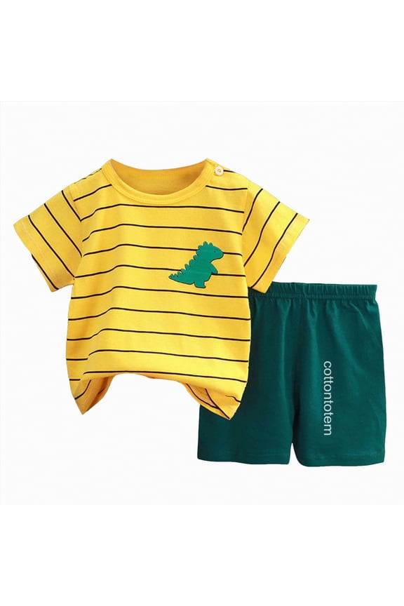 Toddler Boy Summer Casual Soft Cartoon Print Short Sleeve T-Shirt Shorts 2Pc Outfit Set Lightweight Breathable Dailywear Clothes for 1‑6 Years Kids Boys(18-24 Months,Yellow)