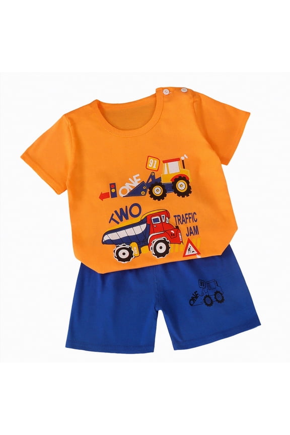 Toddler Boys Summer Outfit Sets Casual Soft Cartoon Short Sleeve Kids Summer Clothes T Shirts and Shorts Dailywear 1 To 6 Years(18-24 Months,Orange)