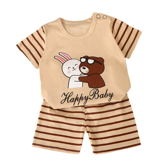 Gibobby Toddler Boys Toddler Baby Boy Summer Outfits Short Sleeve Embroidered T Shirt Tees + Striped Plaid Shorts Infant Clothes Set(9-18 Months,Beige)