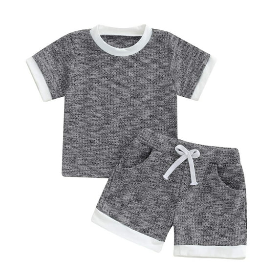 Gibobby Toddler Boys Toddler Baby Boys Summer Outfits 6 9 12 18 24 Months 2T 3T Patchwork Crew Neck Short Sleeve T Shirts Elastic Waist Shorts 2Pcs Clothes Set(9-12 Months,Dark Gray)