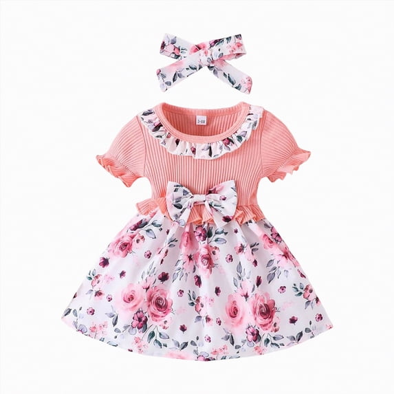 Gibobby Toddler Girl Dress Dresses for Girl Summer 12 18 24 Months 2T 3T 4T 5T Toddler Baby Girls Short Sleeve Dress Graphic Print Puff Sleeve Dress(3-6 Months,Pink)