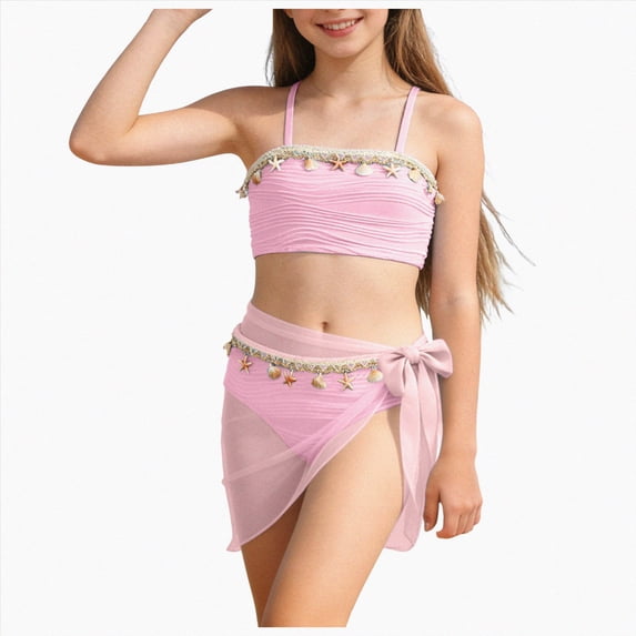 Gibobby Toddler Girl Swimsuit Girls Swimwear Ruffle-Trim Tankini Swimsuit Set Swimsuit Skirt Cute Sweet Swimwear(12-13 Years,Light Pink)
