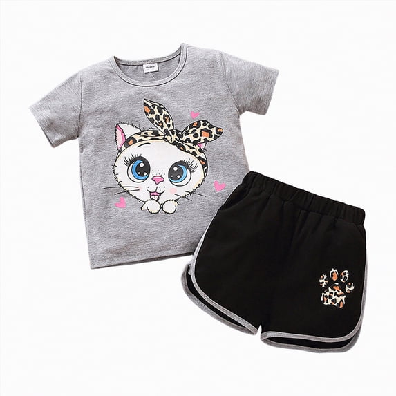 Gibobby Toddler Girls 2 Piece Summer Outfits Kids Cute Print Short Sleeve T-Shirts and Elastic Waist Shorts Clothing Sets,3-4 Years ,Grey