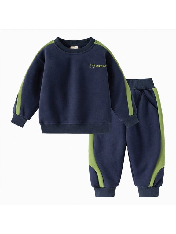 Toddler Kids Boy Clothes 12 Month 2T 3T 4T 5T 6T Kids Boys Autumn Winter Cute Print Long Sleeve Stretch Top and Pants Set Outfits Boys 2 Pcs Warm Outfit Set School Casual(4-5 Years,Navy)