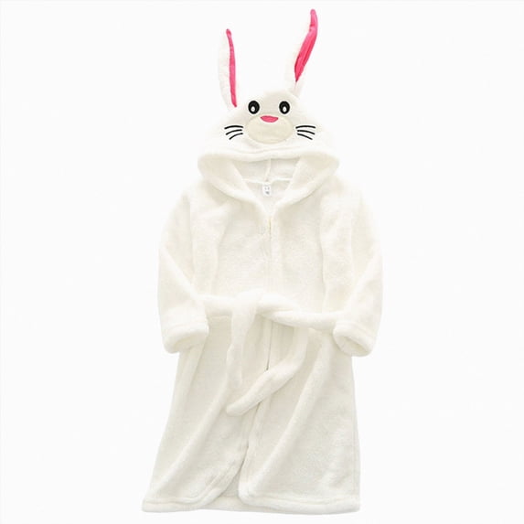 Gibobby Toddler Kids Soft Flannel Bathrobe,Thickened Warm Hooded Sleep Robe with Waist Tie,Plush Cozy Loungewear for Fall Winter for Boys Girls 2-12T Toddler Pajamas,White,Size 13-14T