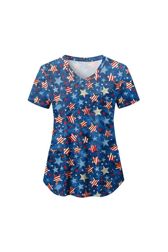 Women 250th Anniversary Pattern Short Sleeve Independence Day T Shirt For Pockets Crew Neck Graphic T Shirt Monogram Printed V Neck T Shirt Top(L,Blue)